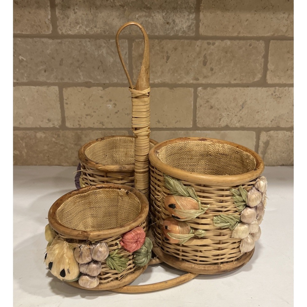 Vtg Woven Wicker 3D Rafia Vegetables‎ Caddy Flatware Holder Lined Basket Handle